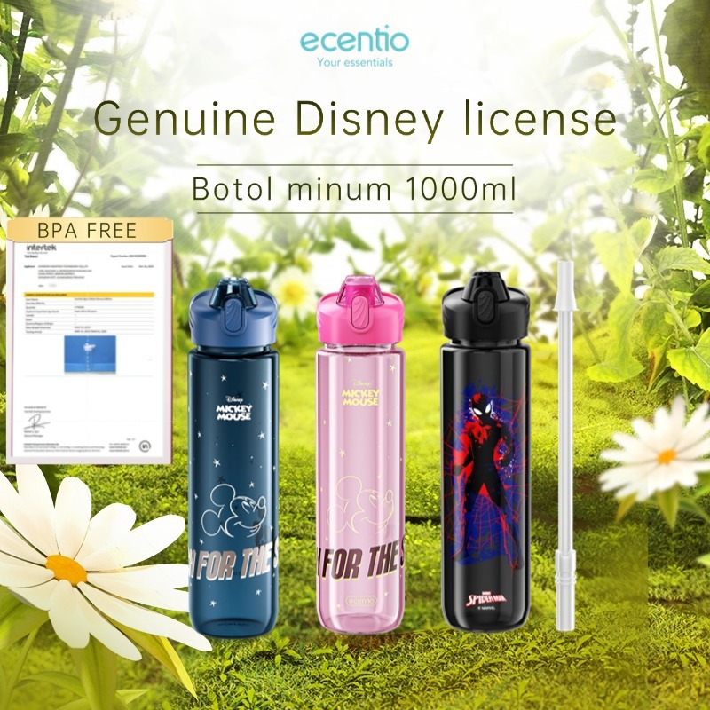 ecentio botol minum Disney Micky/Spider man/ 1000ml Portable Botol air Anak Sport 1 Liter BPA Free