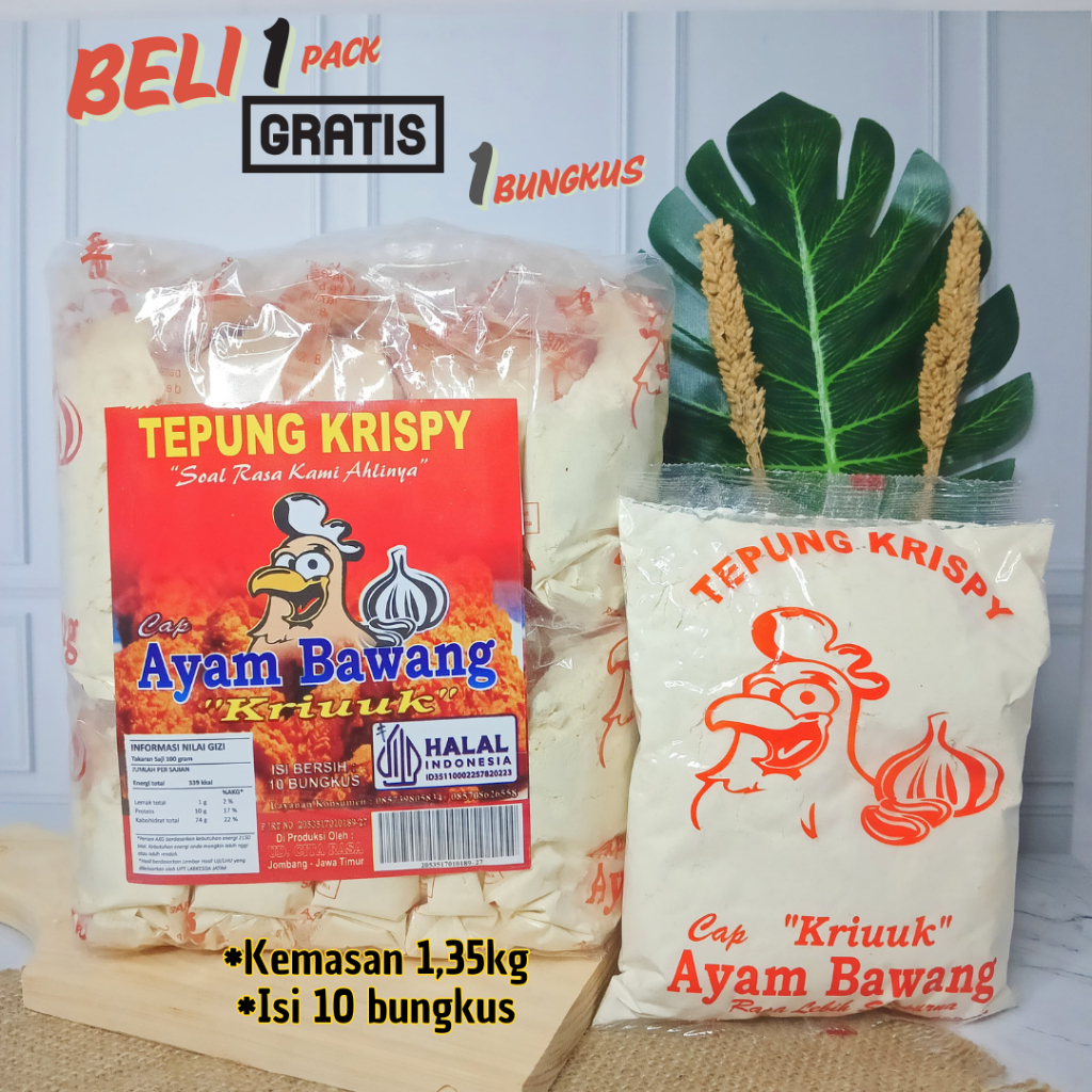 

Tepung bumbu serbaguna crispy Ayam Bawang 1,3kg kemasan 1 pak isi 10 bungkus gratis 1 bungkus