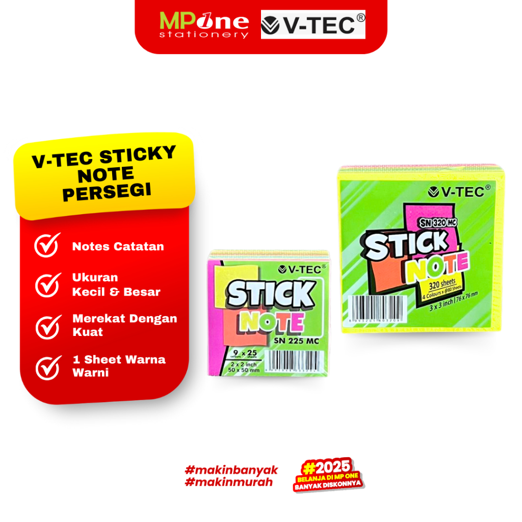 

(1 SHEET) V-Tec Sticky Notes SN225MC/SN320MC Uk 5x5cm/7,5x7,5cm / Notes Catatan Warna Warni / Stik Note V-Tec