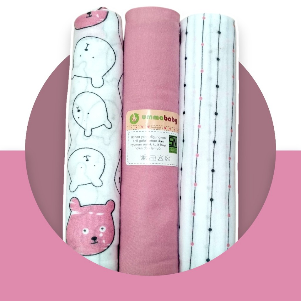 ummababyshop 3pcs Bedong Bayi Polos Motif Lucu SNI 110x90 Lembut Halus Selimut Bayi Alas Bayi Murah 