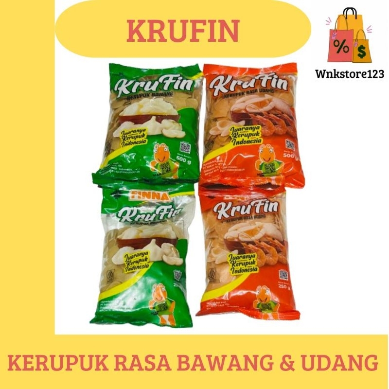 

Krufin finna kerupuk rasa bawang & rasa udang kemasan 250gr & 500gr