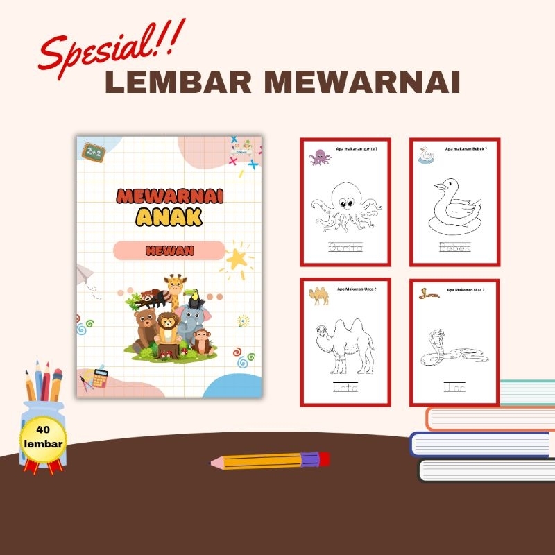 

40 Lembar Kertas Mewarnai Anak ukuran A5 tema Hewan