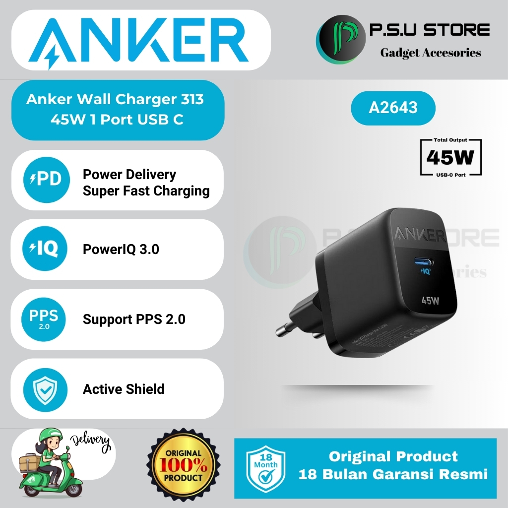 ANKER Wall Charger 313 Ace2 1Port USB-C 45W Super Fast Charging (Adaptor Only)