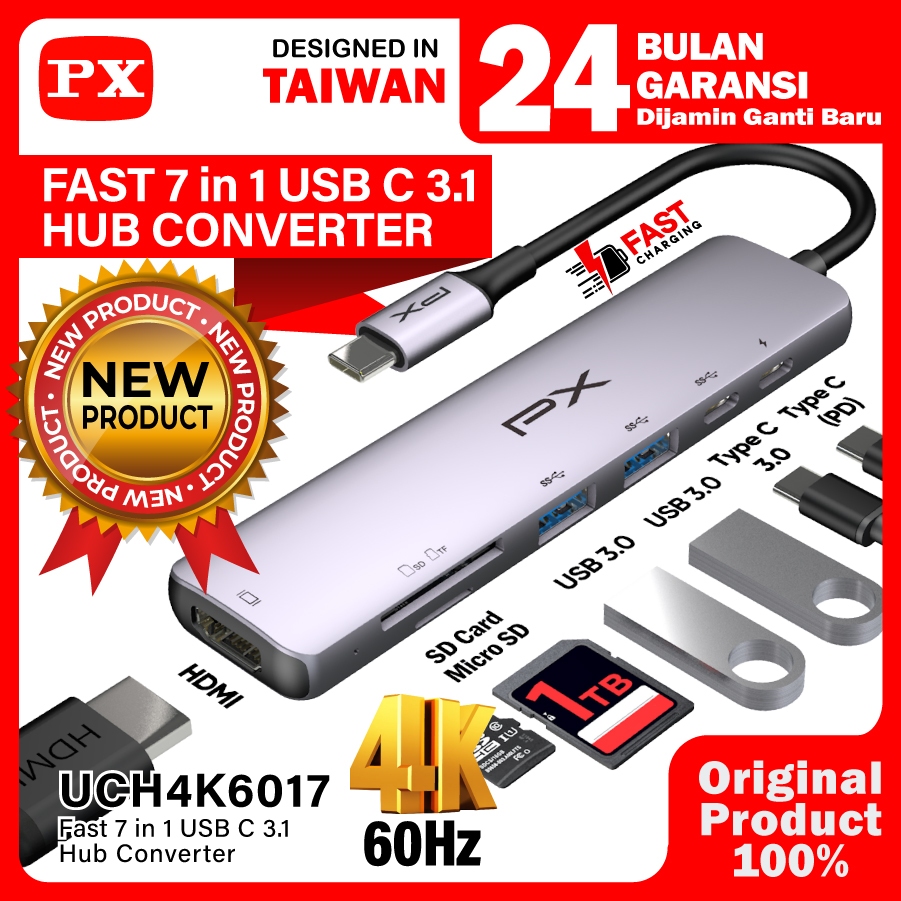 USB Type C 3.1 Hub Converter Type C HDMI 4K 60Hz USB 3.0 7 in 1 PX UCH4K6017