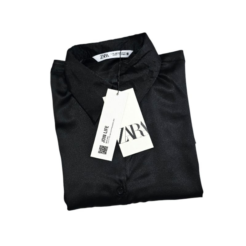 Original New Zara Kemeja Wanita Satin Silk Polos Hitam Jumbo Oversize Big Size