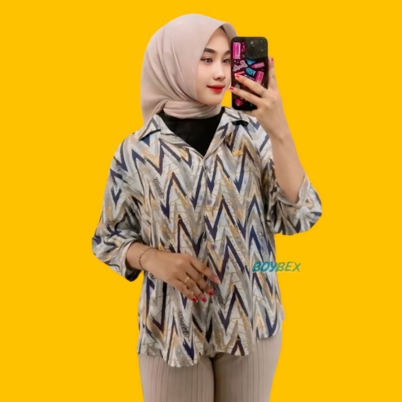 Kemeja Wanita Inara Elegan Lengan Panjang Motif Zigzag Ungu- Atasan Wanita Korea Kekinian Terbaru