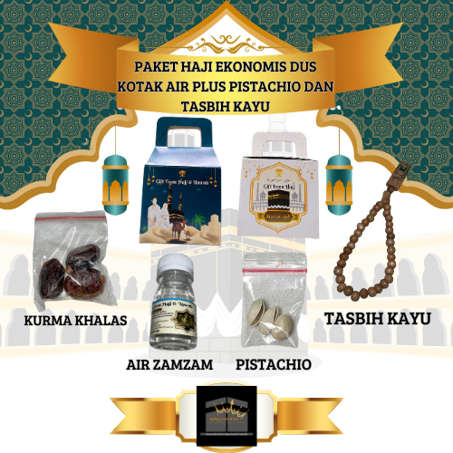 

oleh-oleh haji dan umroh paket haji ekonomis plus pistachio dan tasbih kayu kemasan dus kotak air