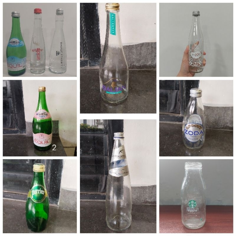 BOTOL KACA BEKAS MINUMAN AQUA EQUIL CLEO AMIDIS RON88 PERRIER BISA UNTUK POT BUNGA ATAU KERAJINAN PR