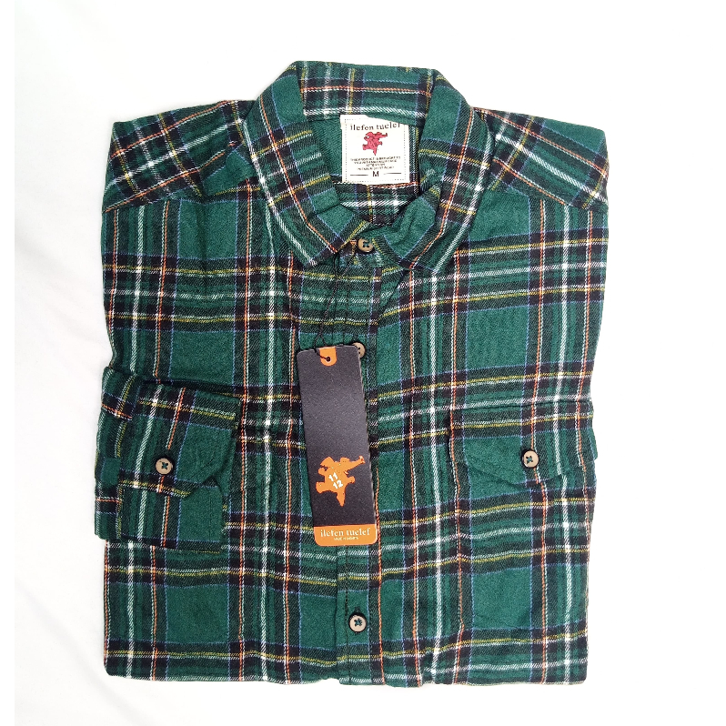 Kemeja Flanel Pria Lengan Panjang Slimfit | Ilefen Tuelef Olive Green Kotak-Kotak