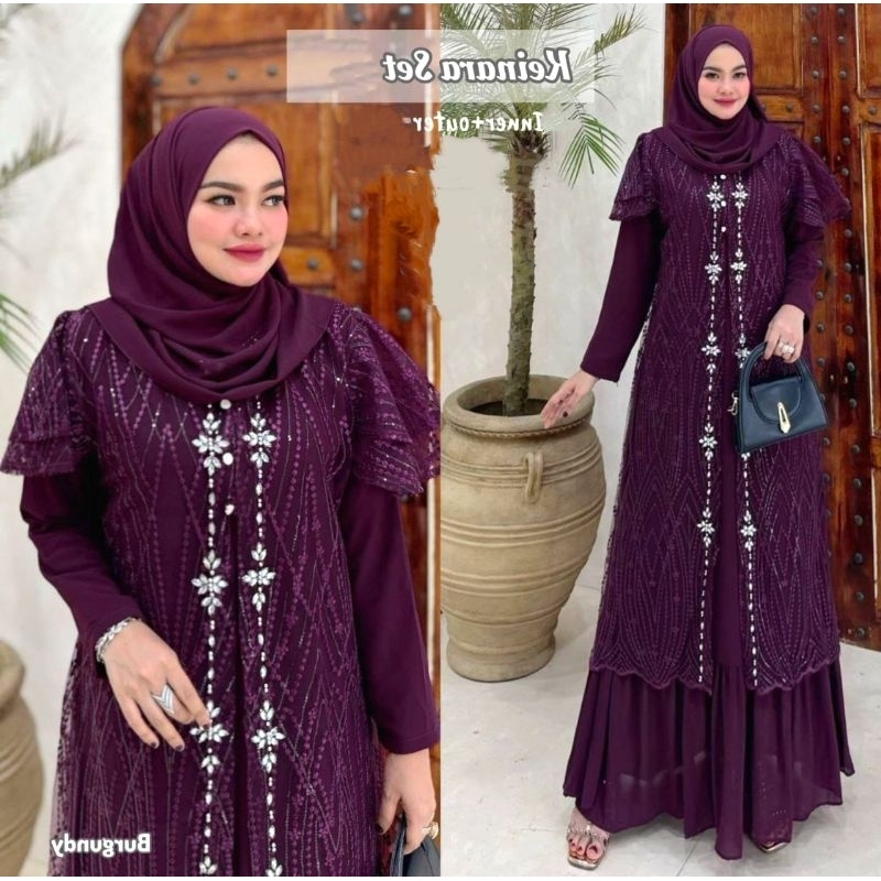 Gamis Burgundy Set Outer Iner Brukat Import Payet Mutiara Mewah Terbaru Lebaran Fashion Muslim Dress