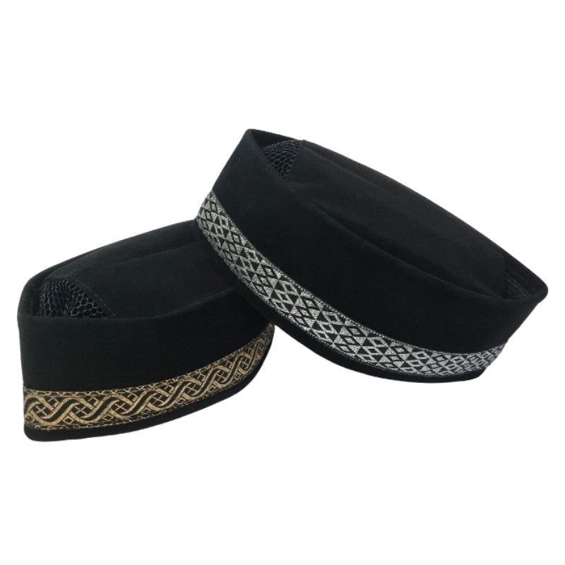 Peci PITUNG BETAWI  HITAM LIST BELUDRU CONTESA Motif List Renda Murah , Peci Hitam Betawi , Kopiah H