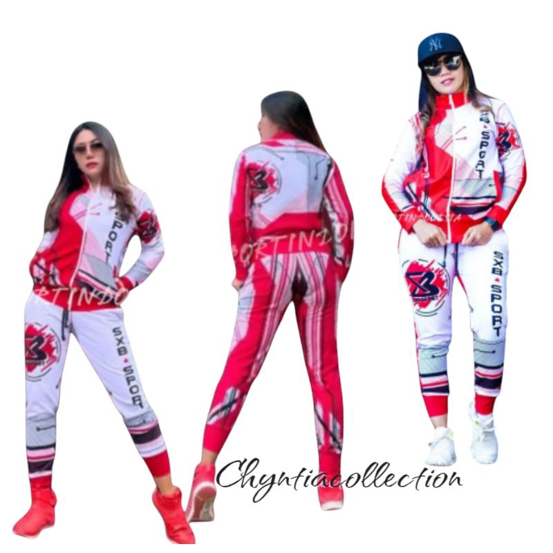 BAJU SENAM,SETELAN OLAHRAGA WANITA SXB SPORT RED WHITE ABCOIB