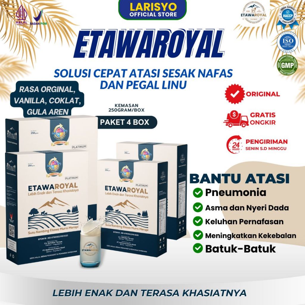 

Susu Kambing ETAWAROYAL Platinum - Untuk Sesak Nafas dan Nyeri Dada - Kemasan 250 Gram paket 4 Box