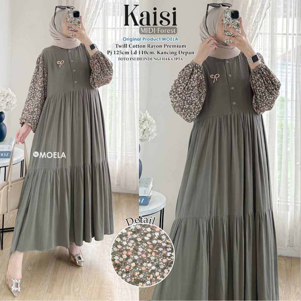 Kaisi  Lalilu Finon Midi Dress Kombinasi Polos Motif Terbaru By Moela