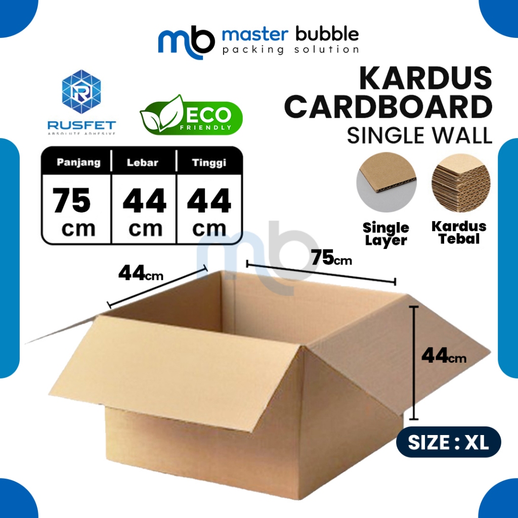

Kardus Packing Dus 75 X 44 X 44 cm Box Cardboard RUSFET Single Layer Coklat Polos Harga Ecer Lembar