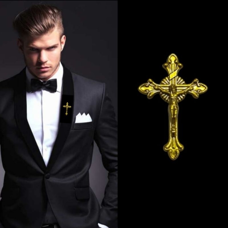 Metal Gold Cross Pin Bros Jas Kameja Tuxedo Mens Pria Classic