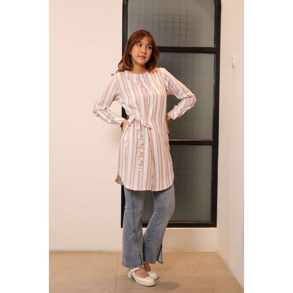 Atasan Kaos Tunik Missty Freeteen Wanita Warna Pink Putih Motif Salur Garis Model Korea Kekinian (36