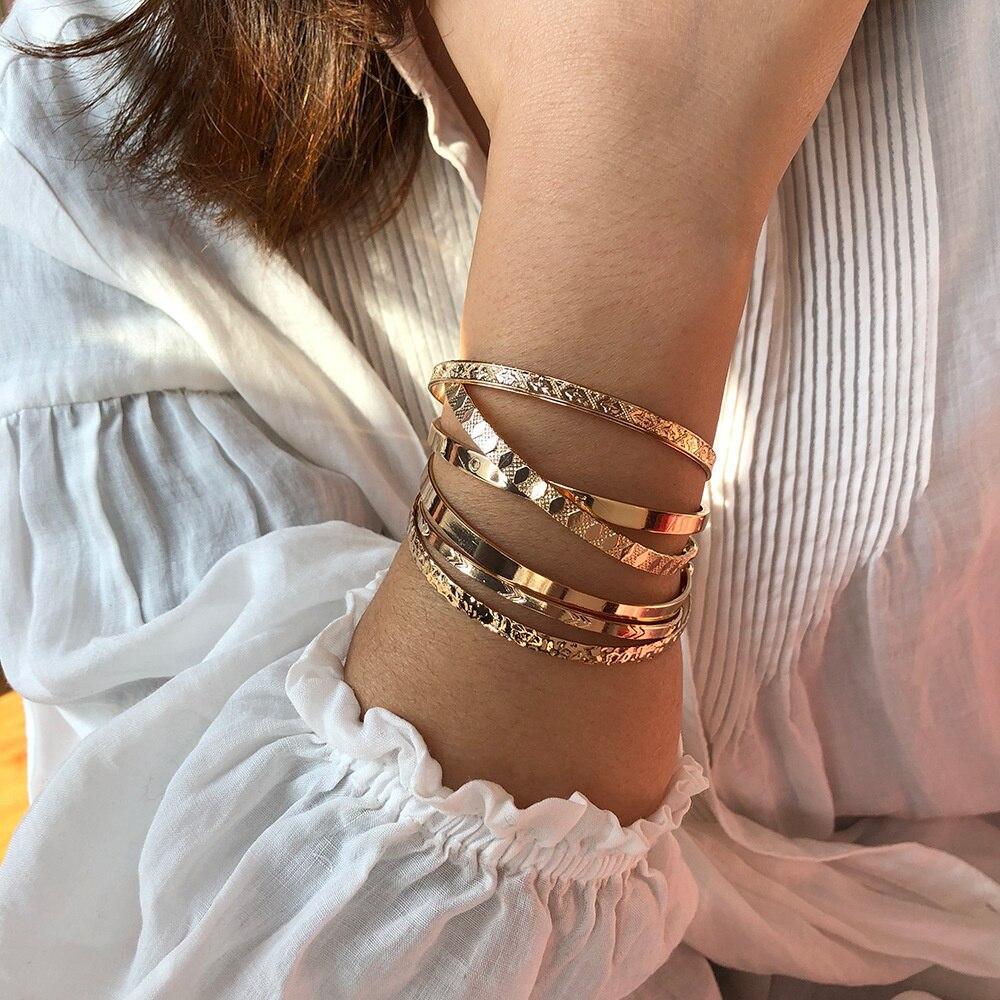 

Gelang Tangan Emas 6Pcs Set Gold Simple Metal Bracelets Bangles On Hand Jewelry Accessories