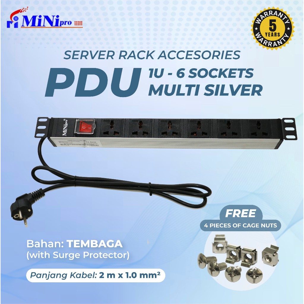 Minipro Power Distribution Unit Rack Server 6 Port Multi Socket Silver/1U 6Way PDU Multi Silver/ PDU