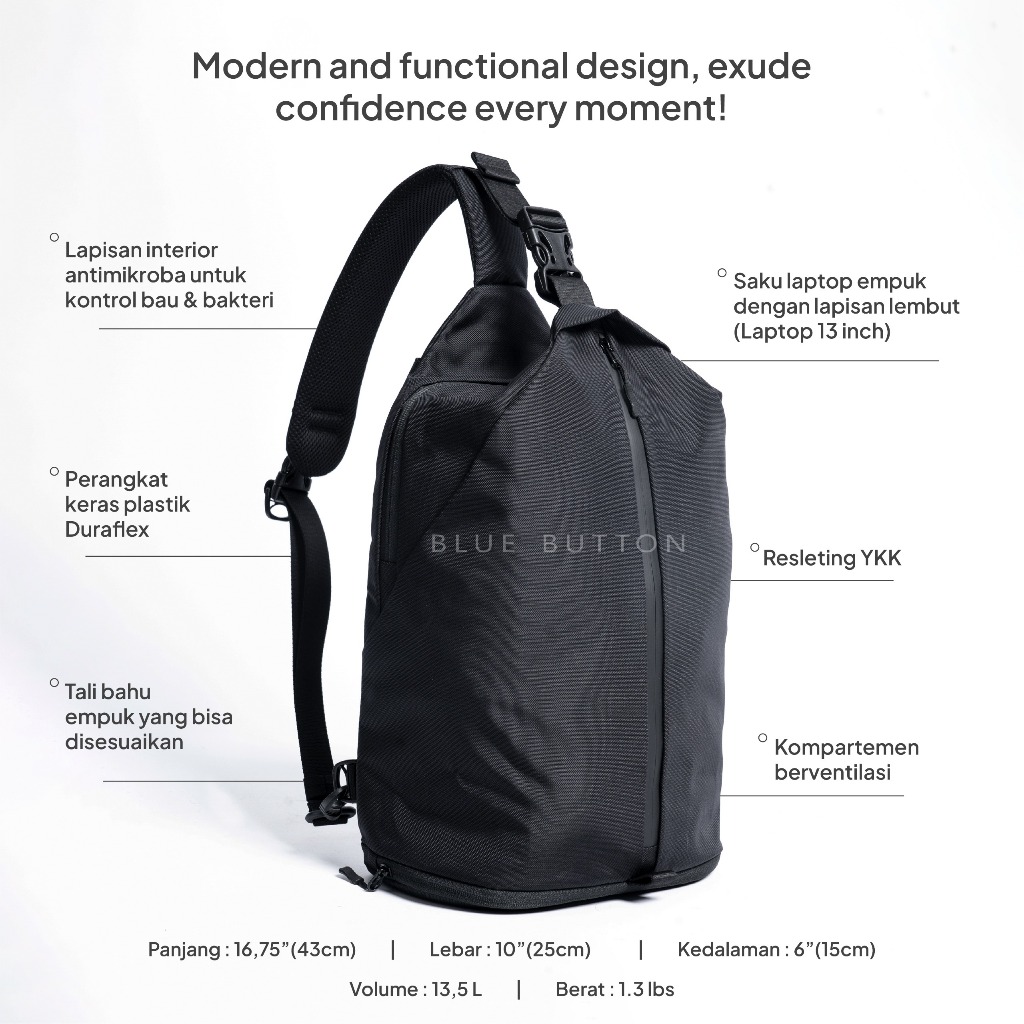 BLUEBUTTON Tech Sling Bag-Ballistic Nylon Shoulder Bag Tas Selempang Pria Sling Bag Anti Robek