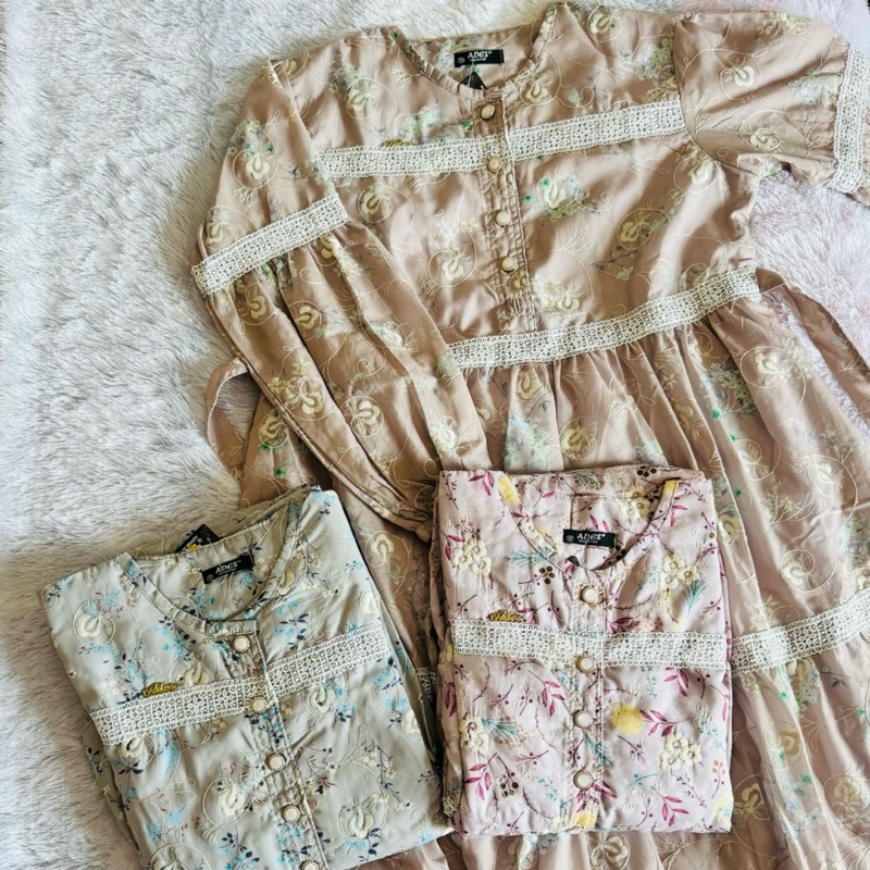 Gamis Katun Bordir Rempel Lebaran 2025 | warna soft bunga Korea style dengan tali pinggang Muslim Wa