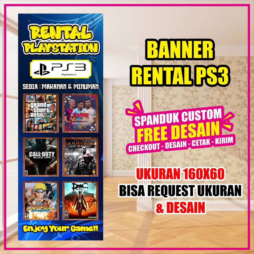 Spanduk/Banner/Backdrop Rental PS3 Ukuran 160x60 Bisa Request  Ps2 Ps3 Ps4 Ps5 , Req Tulisan Dll COD