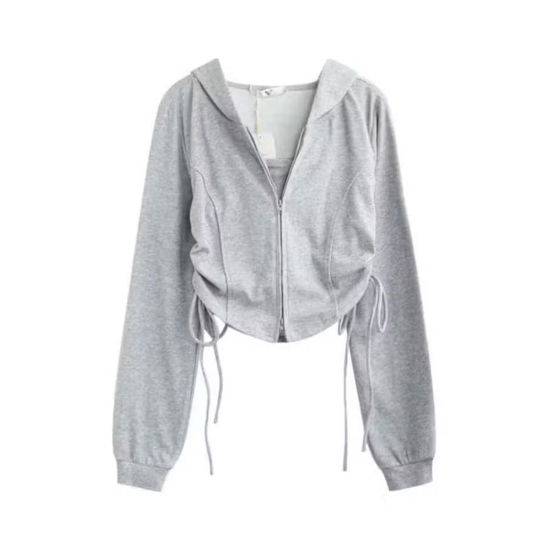 New Deals Adella Crop Jaket Polos Wanita Model Tali Serut Sweater Atasan Hoodie Zipper Wanita