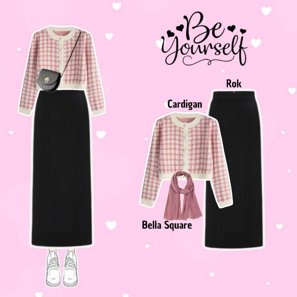 One Set Wanita Hijab ( Cardigan + Rok Span + Hijab ) OOTD Korean Style Kekinian E27