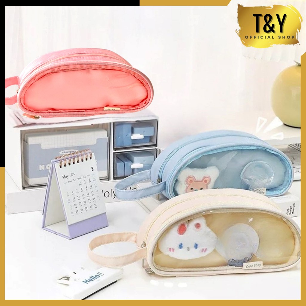 

T&Y Kotak Pensil Polos Aesthetic Tempat Pensil Transparan 2 Sekat Pouch Serbaguna Multifungsi Pencil Case Simple Stationery Storage Bag School