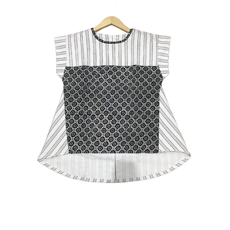 Baju Atasan Batik Garis-Garis Motif Geometris Hitam Putih Wanita / Batik Lengan pendek