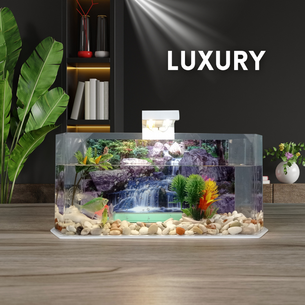 Aquarium mini akrilik full set dengan mesin aerator lampu led dan hiasan