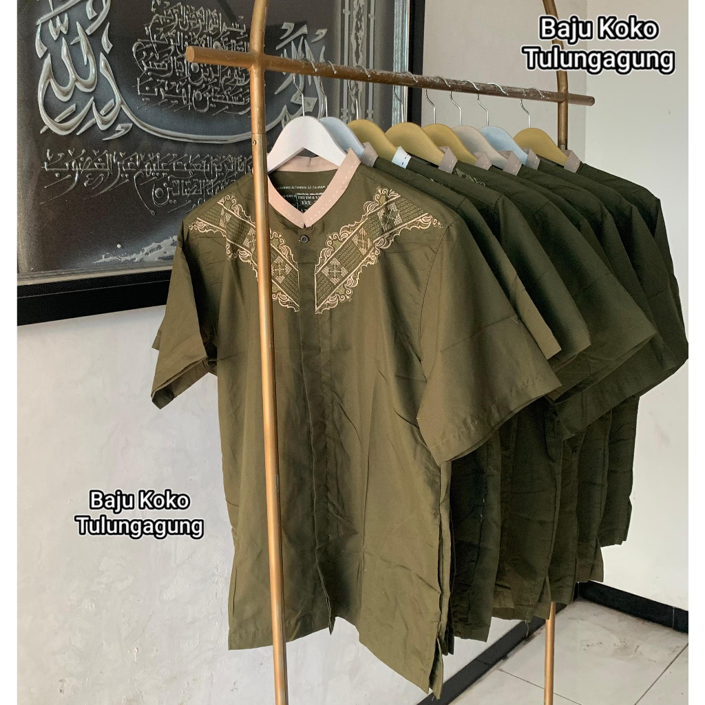 Baju Koko lengan pendek baju koko warna hijau army baju koko murah motif bordir