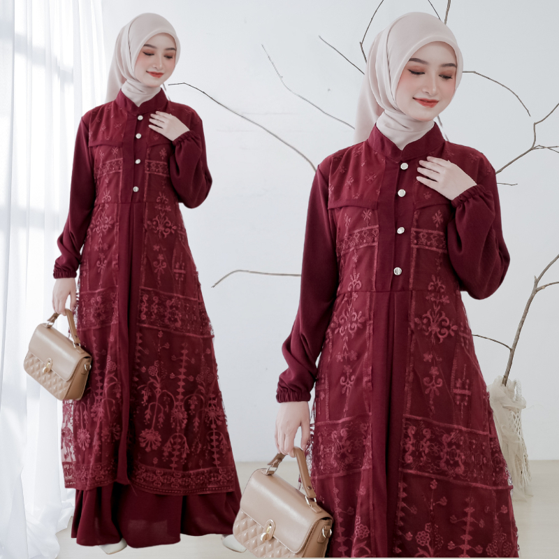 Gamis Brokat Elegan Pesta Muslimah Premium-Burgundy
