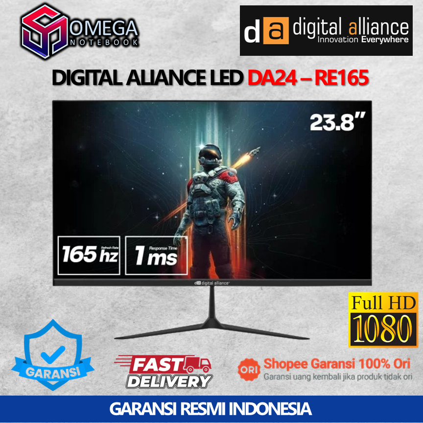 Monitor LED Digital Alliance 24" Inch 1080p FHD IPS 165Hz 1ms Adaptive Sync HDMI VGA 99% RGB DA24-RE