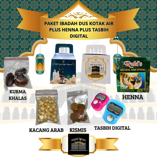 

paket ibadah oleh-oleh haji umroh dus kotak air plus henna plus tasbih digital