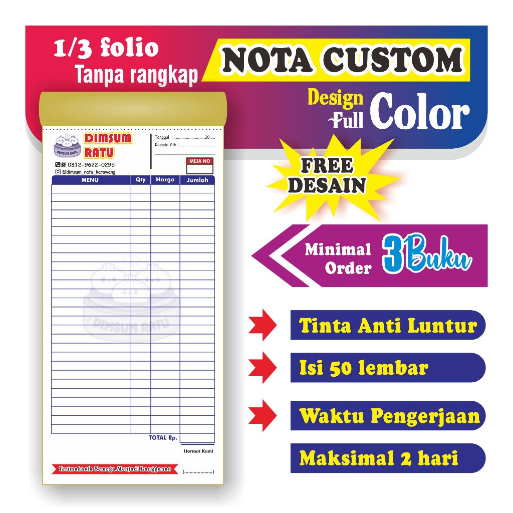 

Nota Menu Full color ukuran 1/3 tanpa rangkap gratis desain bisa satuan