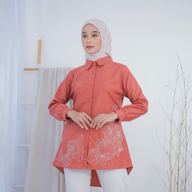 kemeja tunik toyobo bordir kotak-kotak katun poplin marbella premium , kringkel dott , kemeja mewah 