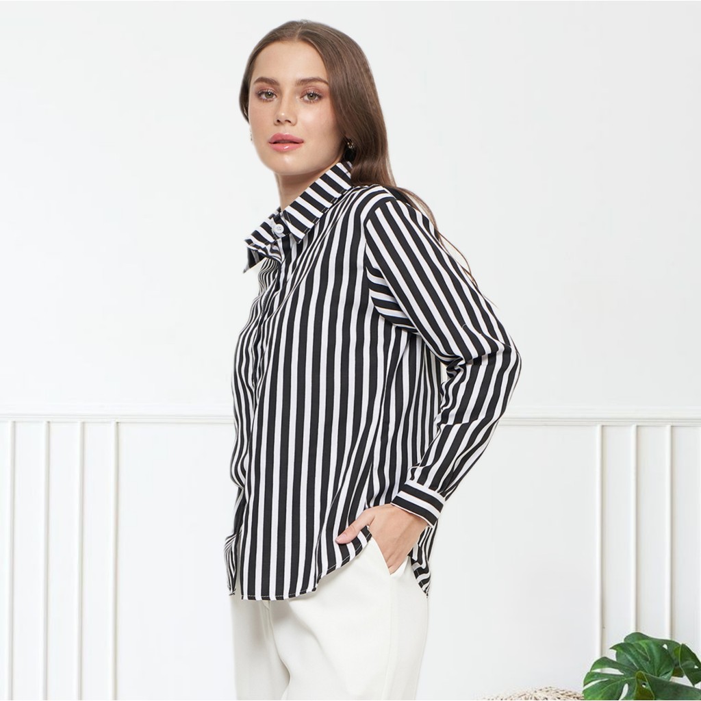 Kemeja Stripe Shirt Wanita Korean Style Kekinian By Azka Collection