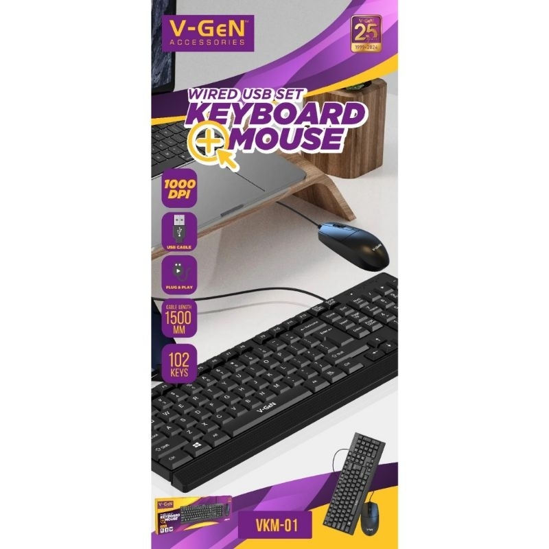 Wired USB Keyboard + Mouse Vgen VKM-01 Silent Keyboard 1.5m Original V-Gen