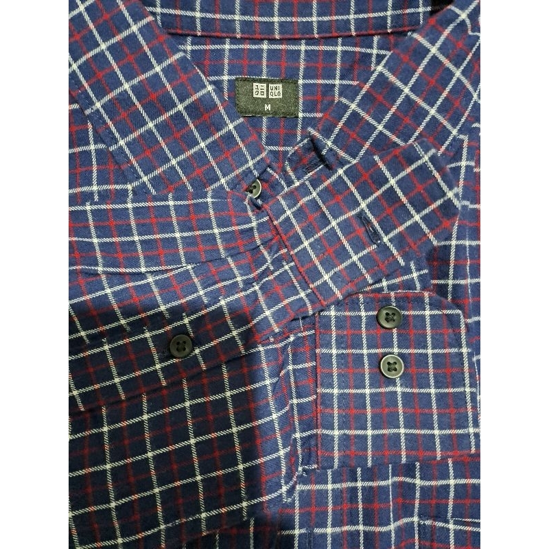 Kemeja Flanel Uniqlo M Navy Garis Putih Merah
