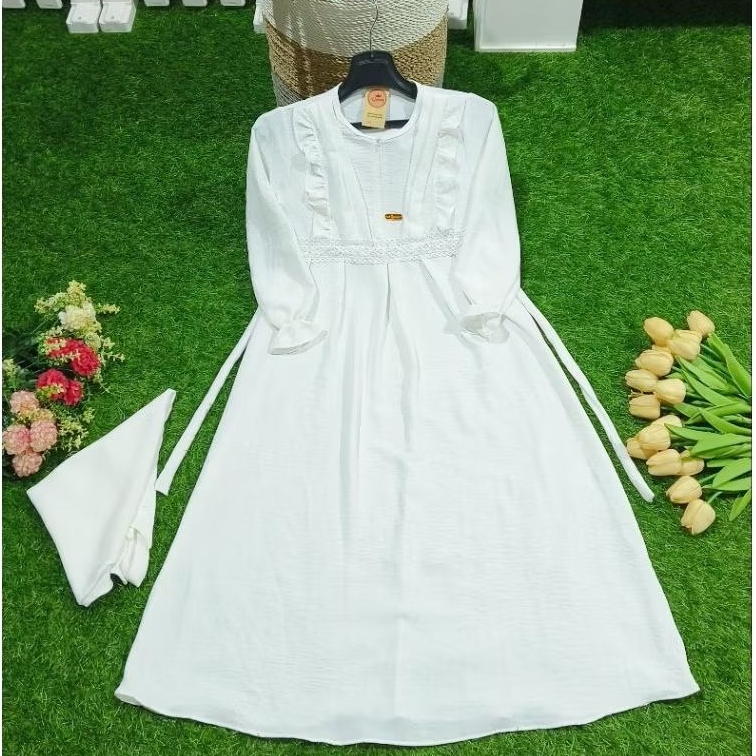 Gamis anak perempuan set hijab rempel dada renda katun adem 3-14 tahun remaja tanggung