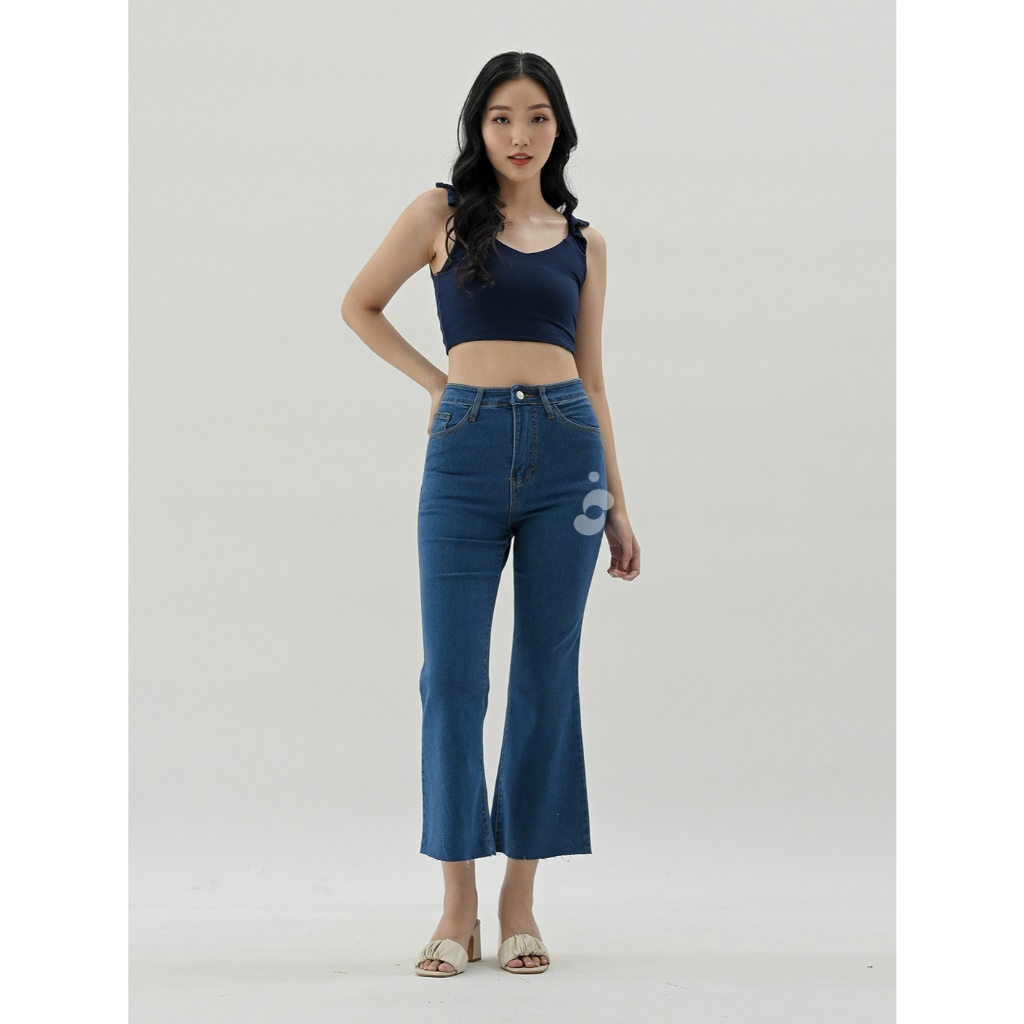Shenelin Celana Panjang Wanita Jeans Unfinished Highwaist Flare Cutbray