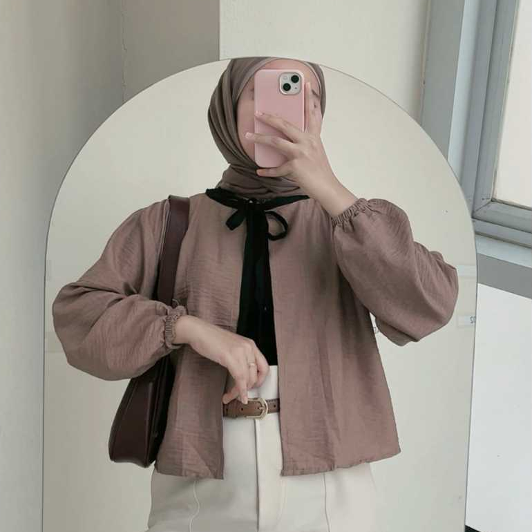 Outer Tali Crop Cardigan Kombinasi Lengan Balon Polo Linen Korean Style
