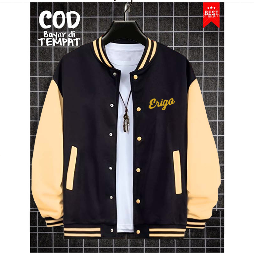 COD Jaket Baseball Kancing Jaket Erigo Text Gold Varsity Baseball Logo Quality Ready Banyak Warna Ja