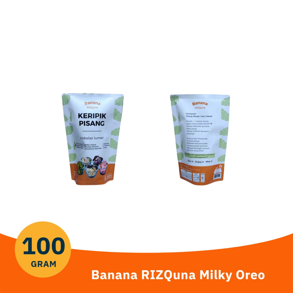 

100% ORIGINAL Banana RIZQuna keripik pisang cokelat lumer Milky Oreo / keripik pisang coklat lumer pouch | keripik pisang coklat lumer 100 gram