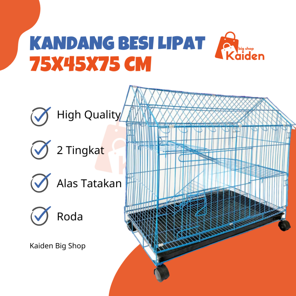 Kandang Besi Lipat Bentuk Rumah atap Ukuran XL Ukuran 75x45x75 cm + Roda Kandang Kucing Anjing Kelin