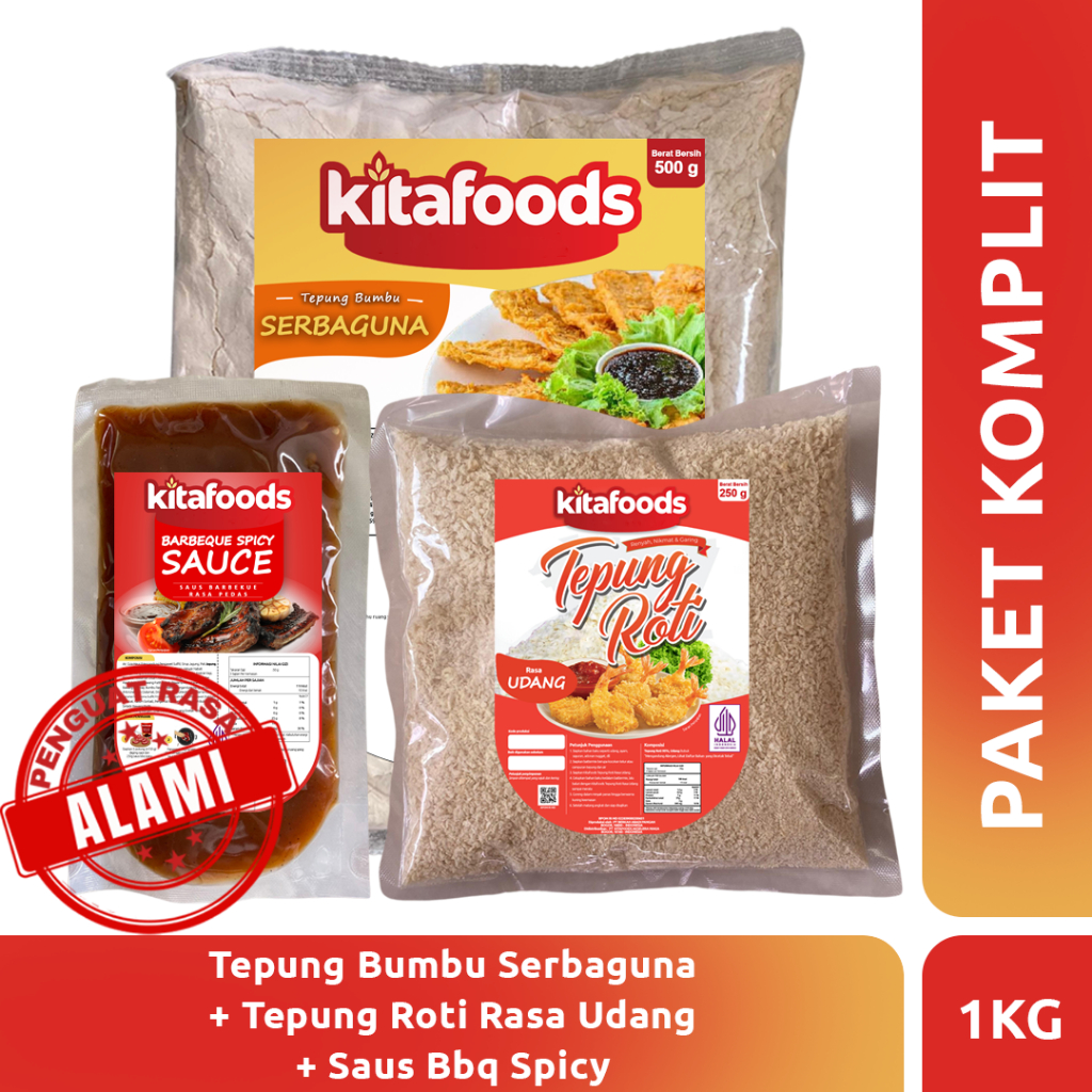 

PAKET KOMPLIT 4 ( tepung Serbaguna 250gr+ Tepung Roti Udang 250gr + BBQ spicy sauce 250gr ) Tanpa Penguat Rasa