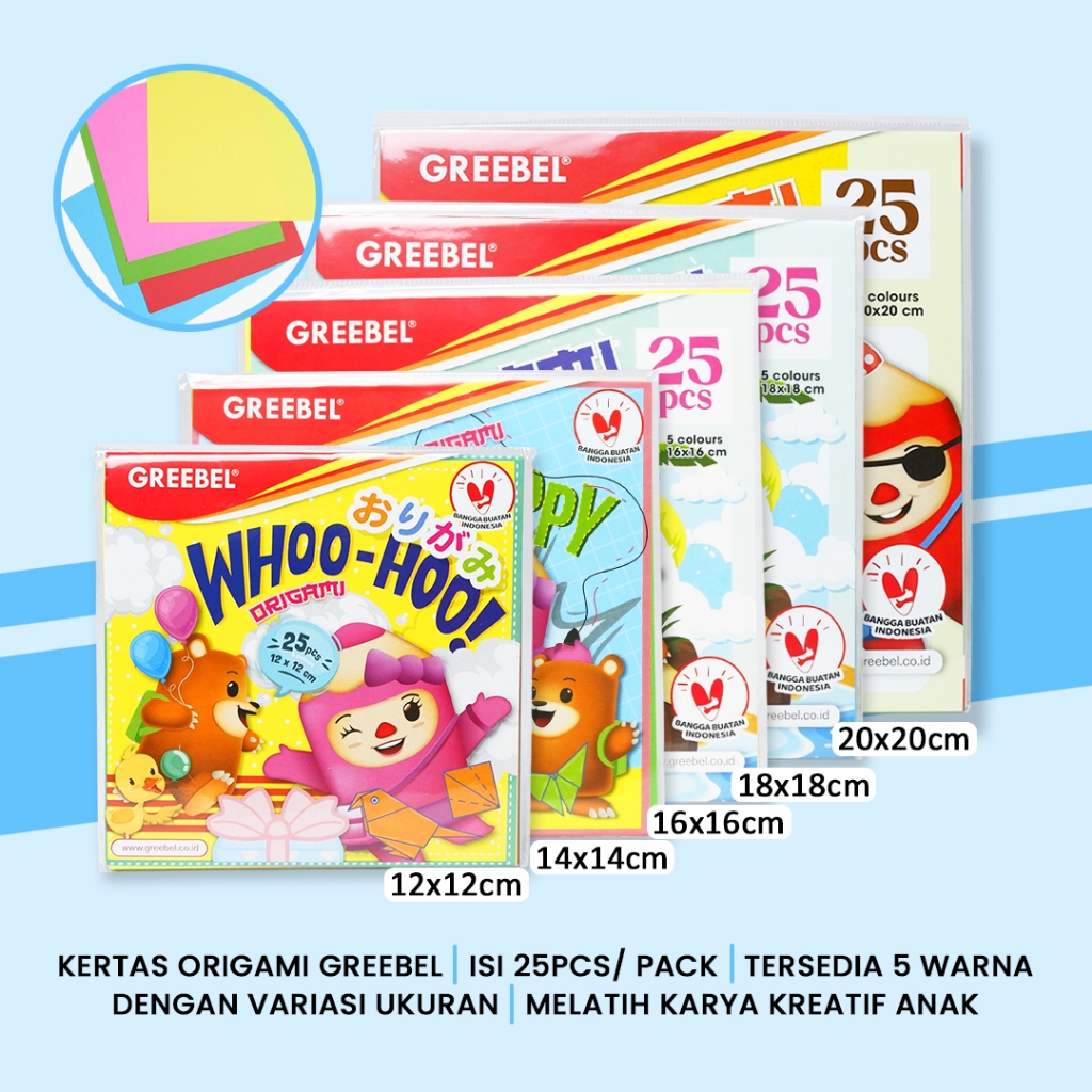 

Greebel Kertas Origami 25 Lembar / Kertas Lipat 10 Warna Berbagai Ukuran 12CM 14CM 16CM 18CM 20CM
