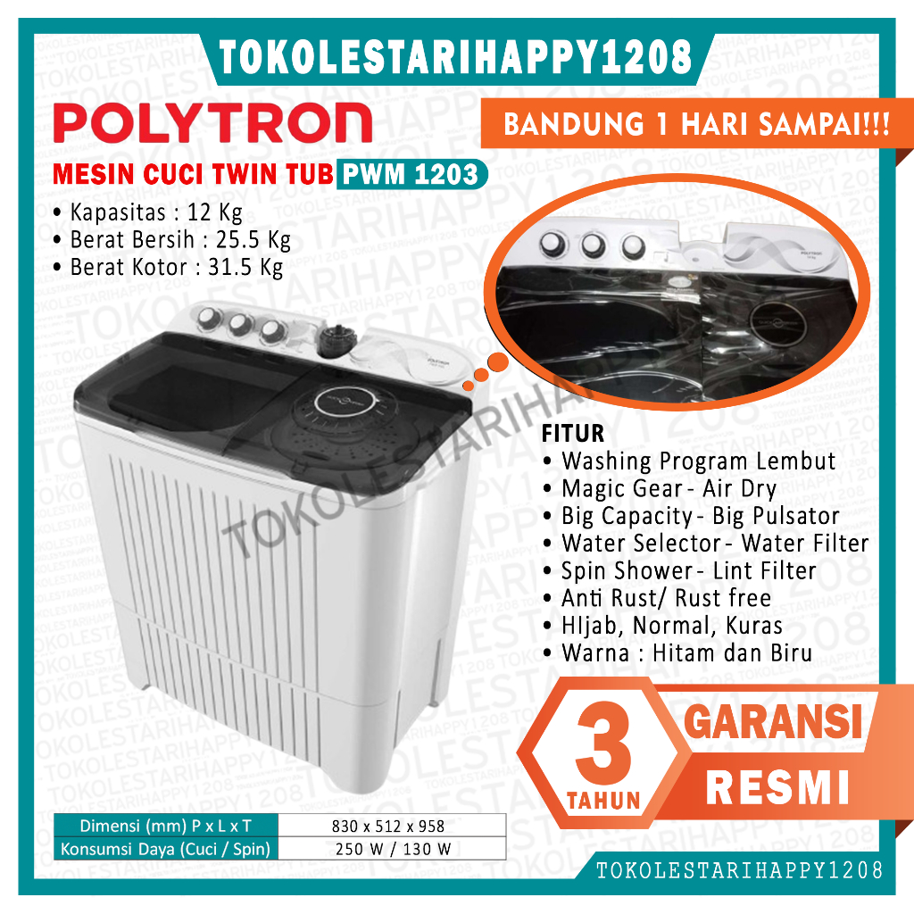 Mesin cuci 2 tabung Polytron Primadona Giant 12 Kg PWM 1203 Bandung Kurir Toko 1 Hari Sampai