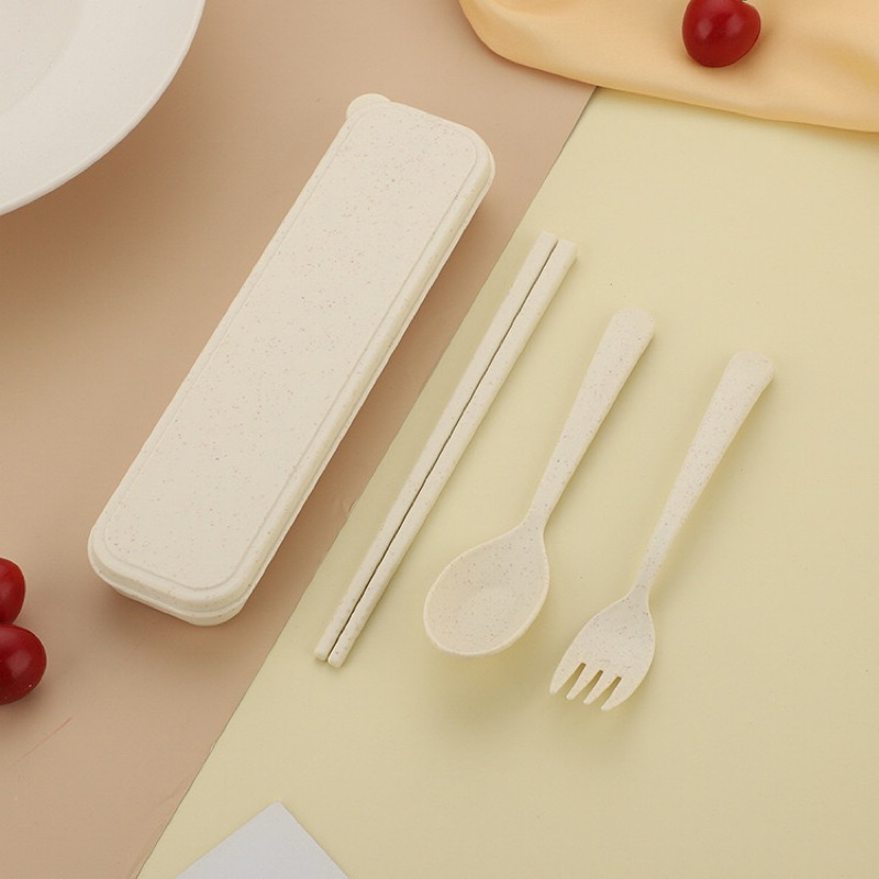 ( GROSIR ) Sendok Alat Makan Set Garpu Sumpit Free Box Sendok Set Bahan Jerami + Kotak Sendok Set 3 